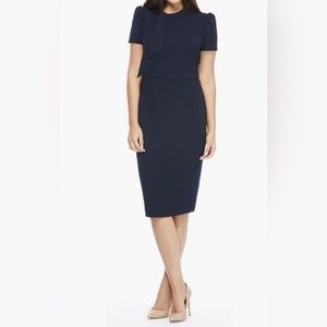 Maggie London Navy Puff sleeve tie neck dress
